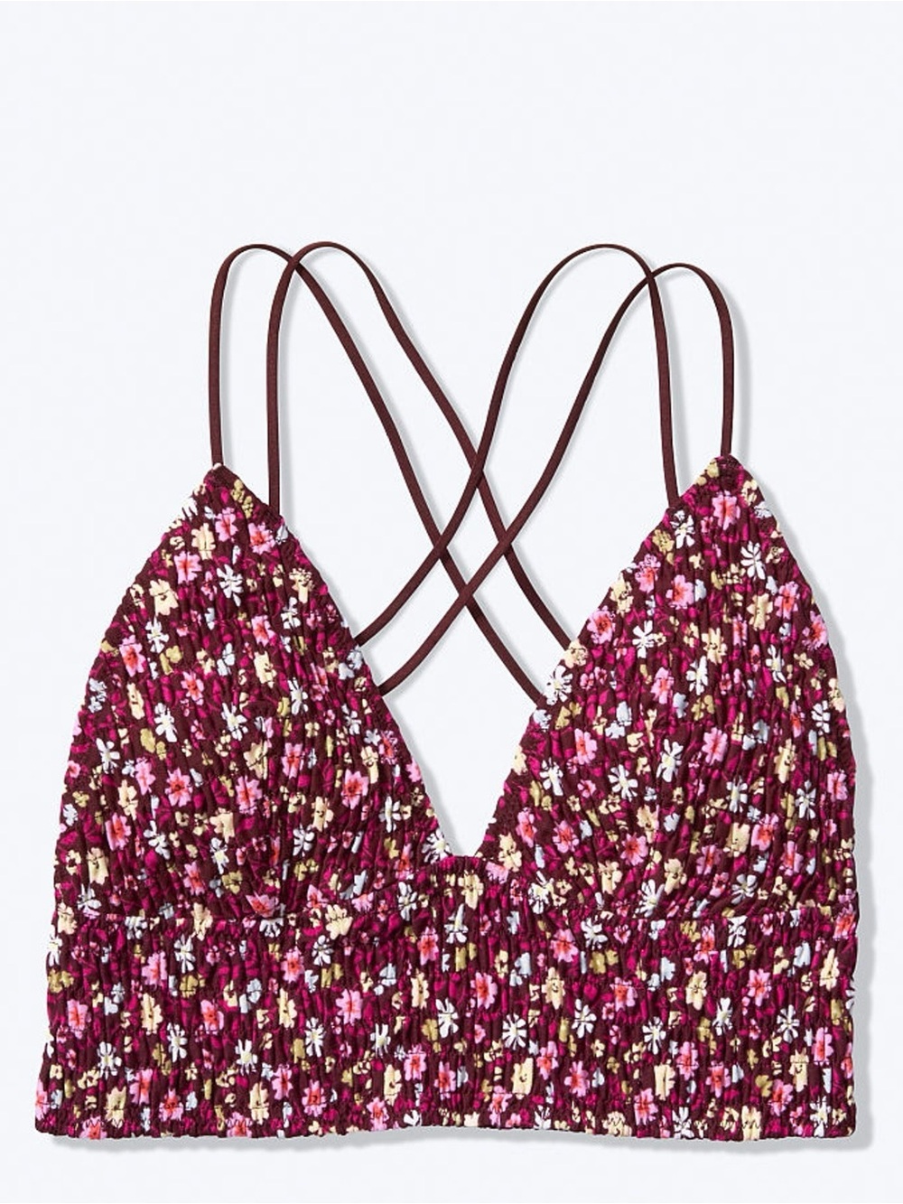 PINK Victorias Secret Maroon smocked Bralette Sz M Burgundy Floral Lace Bra top